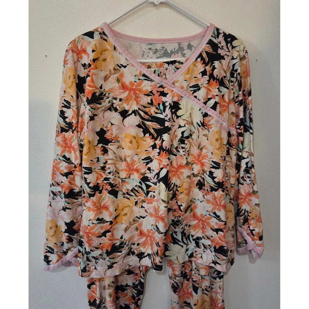 Garnet Hill Organic Cotton Asian Wrap Pajama Set PJ's Onyx Floral Medium 9174